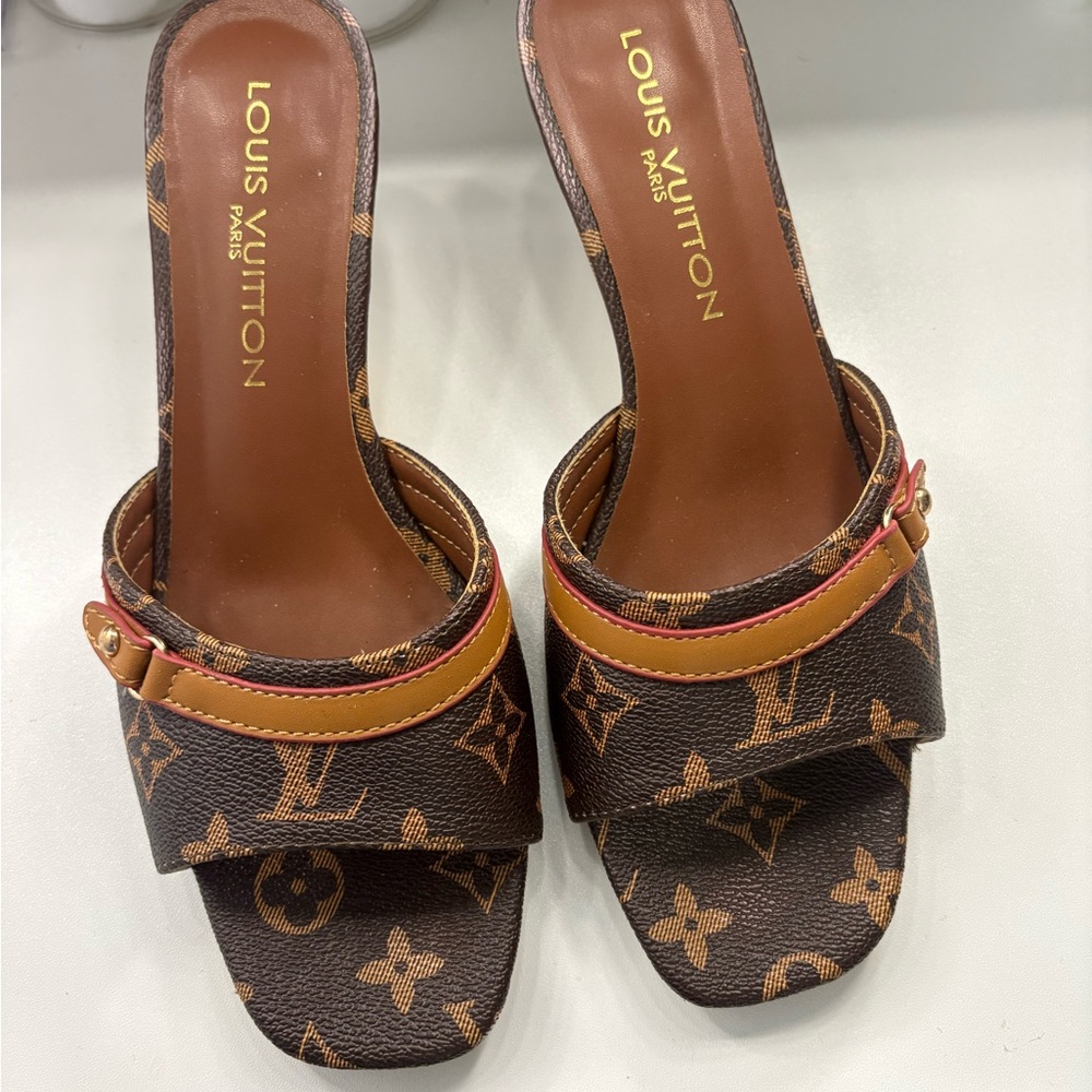Louis Vuitton Brown Monogram Mules with Gold Accents